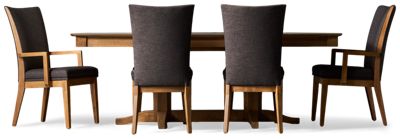 Pecan 7 Piece Dining Set- Boat Shaped Dining Table - 20" Extension Leaf - Double Pedestal Base - High Back Upholstered Chairs