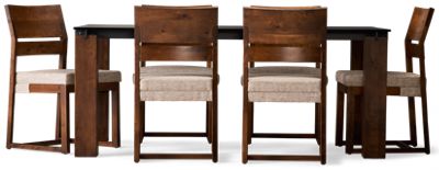 Loft 7 Piece Dining Set - Glass Top Table with Distressed Solid Birch Base - Angled Ladder Back Upholstered Chairs