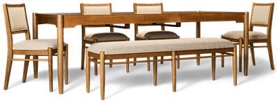 Hayleigh 6 Piece Dining Set - Rectangular Table with 18" Self-Storing Leaf - 4 Upholstered Chairs - Upholstered Bench - Seats up to 7