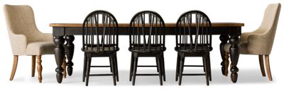 Country Living 9 Piece Dining Set - Rectangular Dining Table - Two Extension Leaves - Six Windsor Side Chairs - Two Upholstered Armchairs - Traditional Style