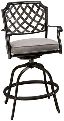 Madison Swivel Counter Stool - Powder-Coated Cast Aluminum - Elegant Latticed Design - Curved Armrests - Durable Grey Seat Cushion