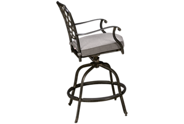 Madison Swivel Counter Stool - Powder-Coated Cast Aluminum - Elegant Latticed Design - Curved Armrests - Durable Grey Seat Cushion