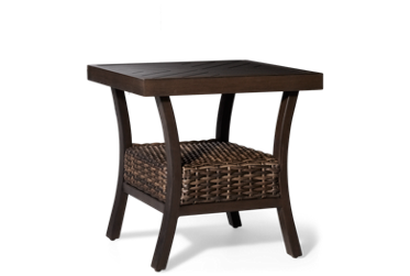 Trenton End Table - Durable Cast Aluminum - Stylish Slatted Square Top - Versatile Brown Finish - Woven Wicker Lower Shelf