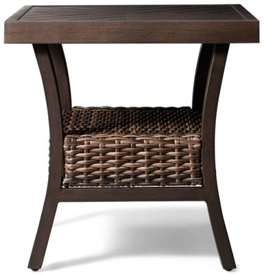 Trenton End Table - Durable Cast Aluminum - Stylish Slatted Square Top - Versatile Brown Finish - Woven Wicker Lower Shelf