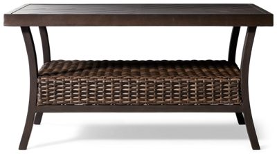 Trenton Coffee Table - Durable Aluminum - Stylish Slatted Design - Sturdy Splayed Square Legs - Versatile Brown Finish - Woven Wicker Shelf