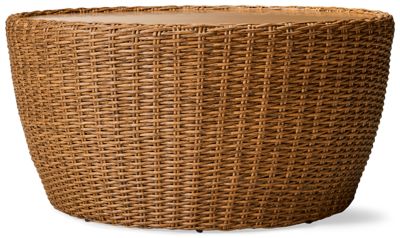 Double Point Round Coffee Table - Chic Contemporary Design - Hand-Brushed Planked Round Top - All-Weather Woven Resin Wicker