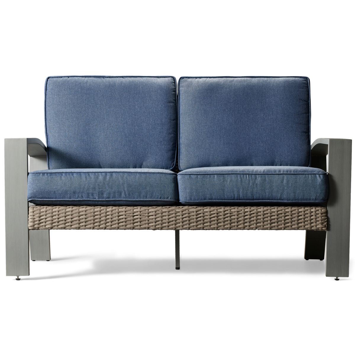 Ashley Half Moon Beach Loveseat - Woven Resin Wicker - Powder-Coated Aluminum Frame - High-Performance Nuvella Cushions - Slightly Arched Track Armrests