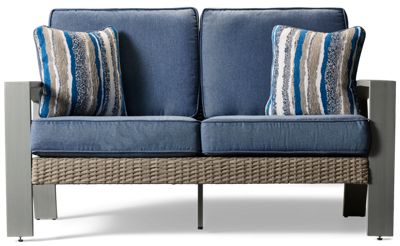 Half Moon Beach Loveseat - Woven Resin Wicker - Powder-Coated Aluminum Frame - High-Performance Nuvella Cushions - Slightly Arched Track Armrests