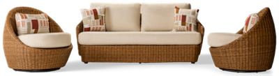 Double Point 3 Piece Lounge Set - Loveseat with Sloped Arms - 2 Round Swivel Chairs - Fade-Resistant Nuvella® Cushions - 4 Toss Pillows - All-Weather Woven Resin Wicker