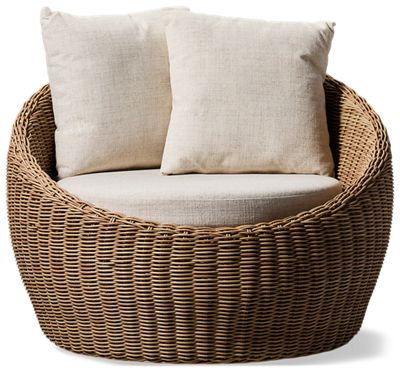 Papasan Swivel Chair - Weather-Resistant - Durable Resin Wicker - Cushioned Seat - Two Toss Pillows