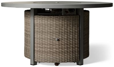 Half Moon Beach Round Fire Pit - Adjustable Flame Control - Durable Aluminum Frame - Wood-Look Finish - Includes Glass Beads - Protective Cloth Cover