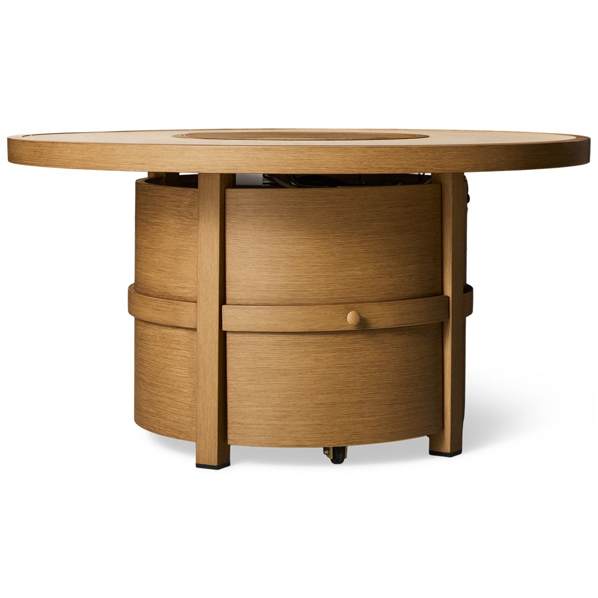 Ashley Rainier Ranch Round Fire Pit - Faux Stone Inset - Adjustable Flame Control - All-Weather Wood-Look - Storage Shelf - Protective Cover
