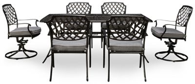 Madison 7 Piece Dining Set - Powder-Coated Aluminum Table - Open Grid Rectangular Top - Center Umbrella Hole - Four Matching Dining Chairs - Two Swivel Rockers - Plush Grey Seat Cushions