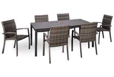 Chalfonte 7 Piece Dining Set - 72" Rectangular Table - Durabond Table Top - Aluminum Base - 6 Stylish Stacking Woven Wicker Chairs - Center Hole For Umbrella