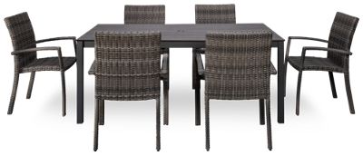 Chalfonte 7 Piece Dining Set - 72" Rectangular Table - Durabond Table Top - Aluminum Base - 6 Stylish Stacking Woven Wicker Chairs - Center Hole For Umbrella