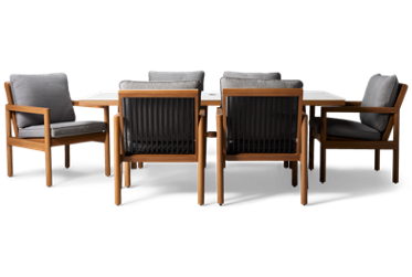 Cove 7 Piece Dining Set - 84" Rectangular Table - Sintered Stone Top - Center Umbrella Hole - Low-Maintenance - 6 Cozy Upholstered Seat Chairs