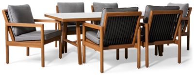 Cove 7 Piece Dining Set - 84" Rectangular Table - Sintered Stone Top - Center Umbrella Hole - Low-Maintenance - 6 Cozy Upholstered Seat Chairs