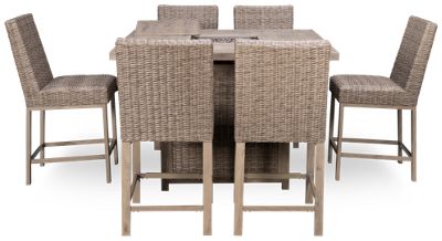 Walton Bridge 7 Piece Fire Pit Dining Set - Square Fire Pit Table - Adjustable Flame Control - All-Weather Resin Wicker -Driftwood Finish - 6 Bar Stools - Foam-Cushioned Seats