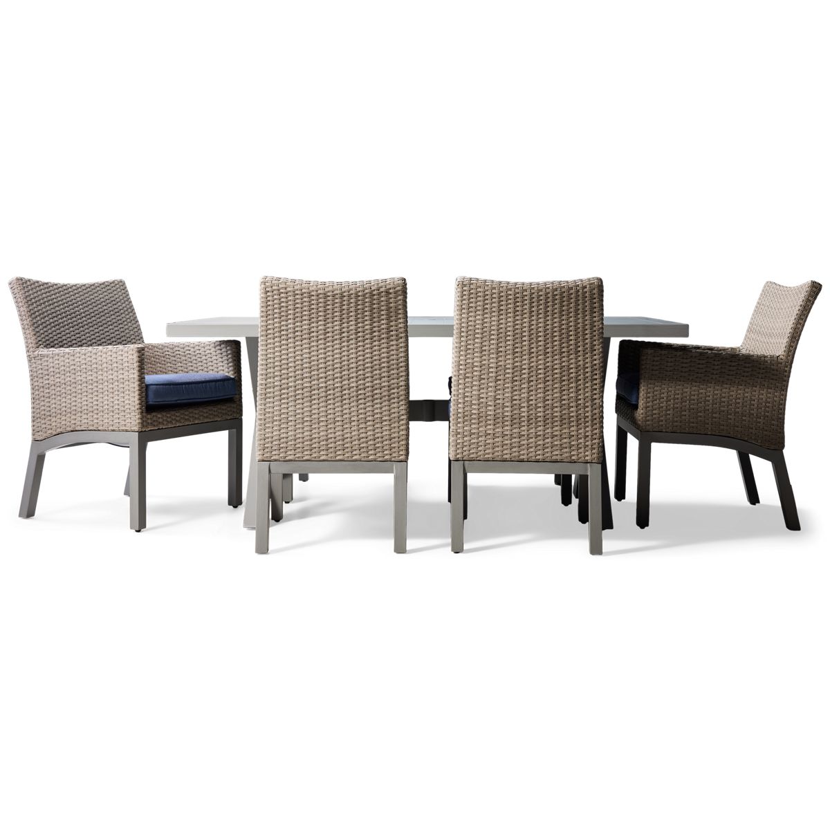 Ashley Half Moon Beach 7 Piece Outdoor Dining Set - Rectangular Aluminum Table - 6 Resin Wicker Chairs - Weather Resistant - High-Performance Fabric