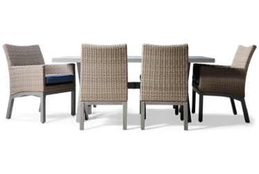 Half Moon Beach 7 Piece Outdoor Dining Set - Rectangular Aluminum Table - 6 Resin Wicker Chairs - Weather Resistant - High-Performance Fabric