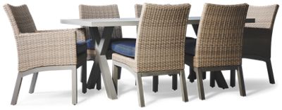 Half Moon Beach 7 Piece Outdoor Dining Set - Rectangular Aluminum Table - 6 Resin Wicker Chairs - Weather Resistant - High-Performance Fabric