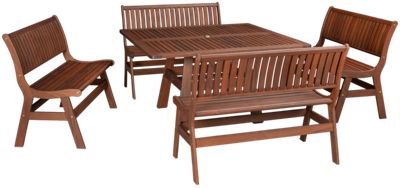 Beechworth 5 Piece Dining Set - Square Table - Center Umbrella Hole - Four Ergonomic Benches - Weather-Resistant Ipe Timber - Sustainably Sourced - Seats Eight