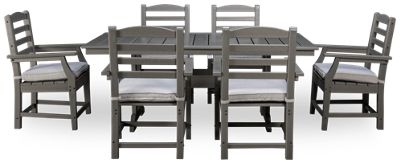 Visola 7 Piece Dining Set - Rectangular Slatted Table - Sturdy Trestle Base - Center Umbrella Hole - 6 Cushioned Arm Chairs - Durable High-Density Polyethylene
