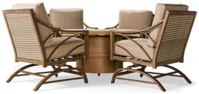 Rainier Ranch 5 Piece Fire Pit Set - Round Fire Pit Table - Faux Stone Top - Adjustable Flame Control - All-Weather Wood-Look - 4 Plush Rocker Chairs