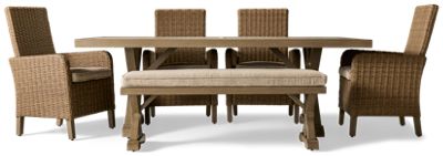 Laguna Heights 6 Piece Dining Set - Rectangular Porcelain Top Table - Center Umbrella Hole - 4 Resin Wicker Armchairs with Nuvella Cushions - Matching Bench - Seats up to 7