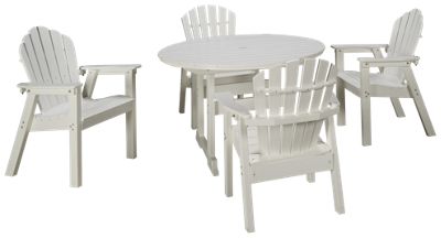 Salem 5 Piece Dining Set - Bright White Finish - Round Table With Umbrella Hole - 4 Chairs With Arch Slat Tops - Durable High-Density Polyethylene
