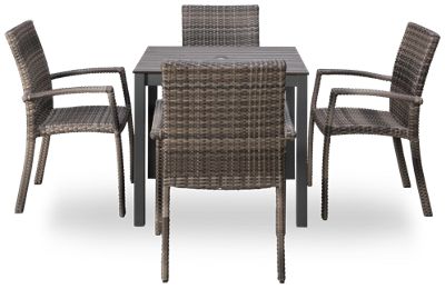 Chalfonte 5 Piece Dining Set - 33" Square Slatted Top Table - Durable Powder-Coated Aluminum - Center Umbrella Hole - Stacking Woven Mesh Chairs
