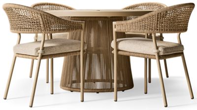 Orchard Beach 5 Piece Set - Round Table With Sintered Stone Top - Polyester Rope Pedestal Base - 4 Curved Back Armchairs - High-Performance Nuvella Seat Cushions