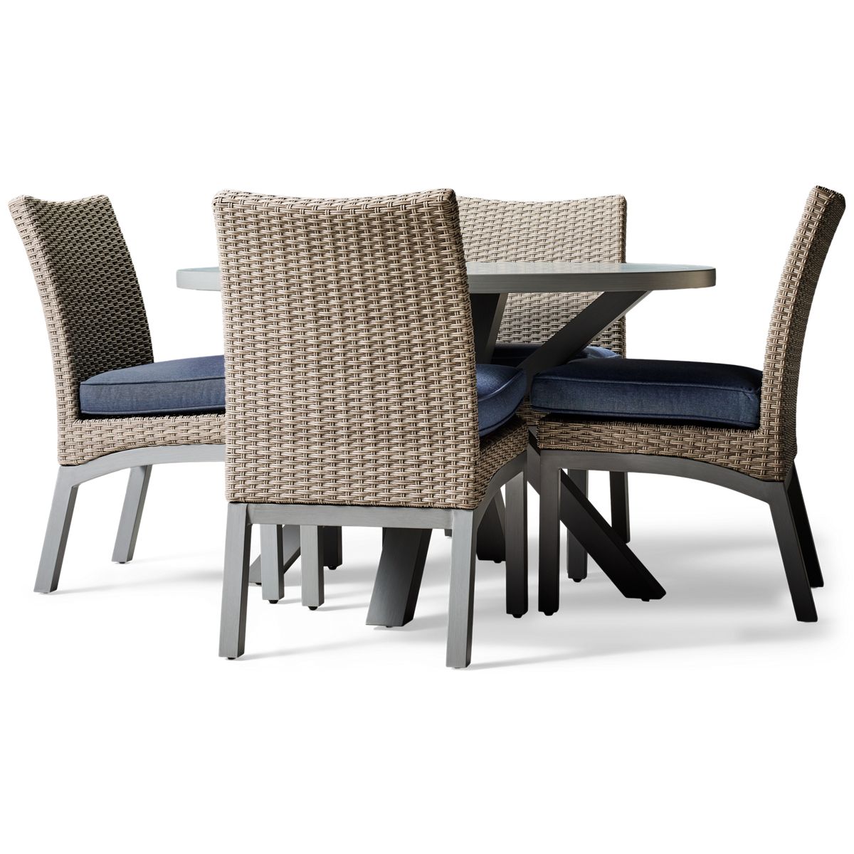 Ashley Madison 7 Piece Dining Set - Powder-Coated Aluminum Table - Open Grid Rectangular Top - Center Umbrella Hole - Six Matching Dining Chairs - Plush Grey Seat Cushions