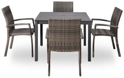 Chalfonte 5 Piece Dining Set - 41" Square Slatted Table - Powder-Coated Aluminum - Center Umbrella Hole - 4 Stacking Chairs - Woven Mesh Grey Backs - Seats 4