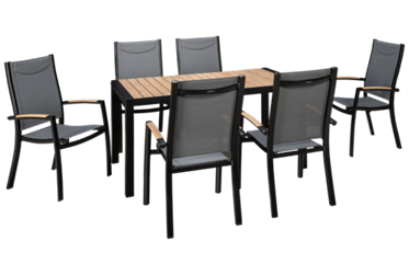 Panama 7 Piece Dining Set - Slatted Top Rectangular Table - Sturdy Square Black Legs - 6 Comfortable Arm Chairs - Weather-Resistant Weathernet Backs and Seats