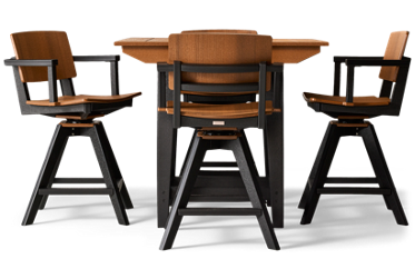 Sym 5 Piece Counter Height Dining Set - Two-Tone Square Table - Center Umbrella Hole - 4 Comfortable Swivel Bar Stools with Arms - All-Weather Envirowood