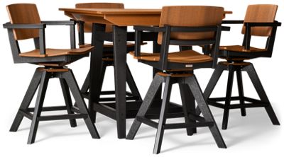 Sym 5 Piece Counter Height Dining Set - Two-Tone Square Table - Center Umbrella Hole - 4 Comfortable Swivel Bar Stools with Arms - All-Weather Envirowood