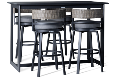 Encinitas 5 Piece Dining Set - Contemporary Design - Slatted Tabletop - Sturdy Trestle Base - 4 Swivel Bar Stools - Hand-Woven Wicker Backs - Round Cushioned Seats