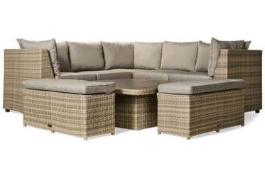 Aruba 6 Piece Lounge Set - 2 Piece Sectional - 2 Benches - Square Coffee Table - Durable Synthetic Wicker - Chic Light Grey Finish