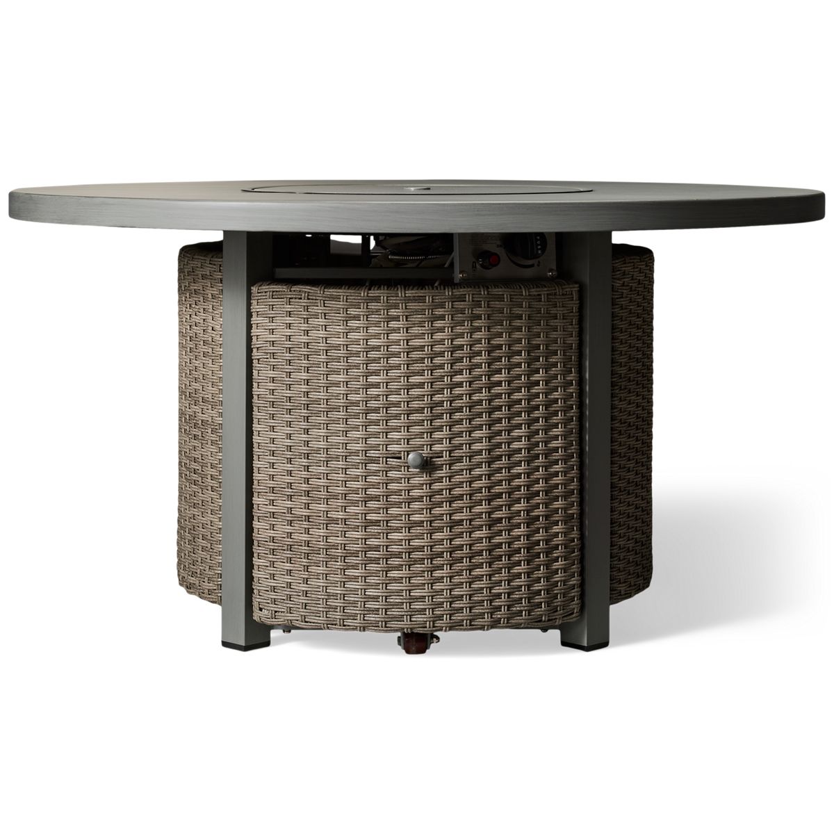 Ashley Half Moon Beach 5 Piece Fire Pit Set - Round Resin Wicker Table - Plush Swivel Chairs - Adjustable Flame Control - All-Weather Wood-Look Finish