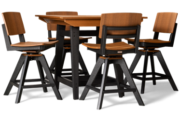 Sym 5 Piece Counter Height Dining Set - Two-Tone Square Table - Center Umbrella Hole - 4 Comfortable Swivel Bar Stools - All-Weather Envirowood