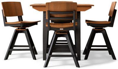 Sym 5 Piece Counter Height Dining Set - Two-Tone Square Table - Center Umbrella Hole - 4 Comfortable Swivel Bar Stools - All-Weather Envirowood
