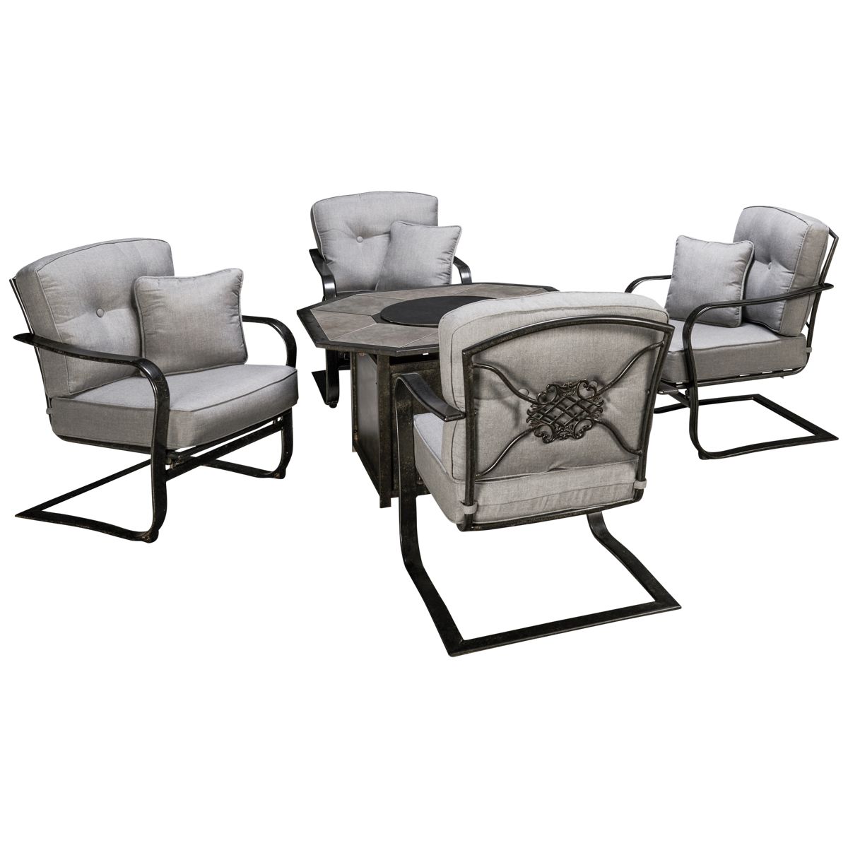 Agio International Madison 5 Piece Fire Pit Set - Octagonal Tiled Top Fire Pit - Adjustable Flame Brightness - 4 C-Spring Chairs - Grey Cushions With Toss Pillows