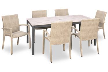 Sydney 7 Piece Dining Set - 72" Rectangular Table - Durable Durabond Table Top - Center Umbrella Hole - 6 Stylish Stacking Chairs - Woven Wicker Design