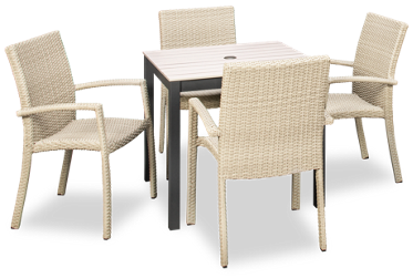 Sydney 5 Piece Dining Set - 33" Square Table - Durabond Top - Aluminum Base - Center Umbrella Hole - Woven Wicker Chairs - Stackable Design - Seats 4