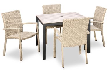 Sydney 5 Piece Dining Set - 41" Square Table - Durable Durabond Top - Aluminum Base - 4 Stylish Stacking Chairs - Classic Woven Wicker Design