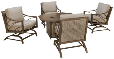 Potomac 5 Piece Fire Pit Set - Elegant Octagonal Fire Pit - Slatted-Design Top - 4 Deep-Seating Platform Rockers - Woven Wicker Backs & Seats