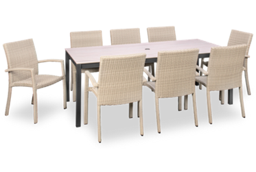 Sydney 9 Piece Dining Set - 83" Rectangular Table - Durable Durabond Top - Sturdy Aluminum Base - 8 Stacking Chairs - Woven Wicker Design
