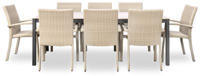Sydney 9 Piece Dining Set - 83" Rectangular Table - Durable Durabond Top - Sturdy Aluminum Base - 8 Stacking Chairs - Woven Wicker Design