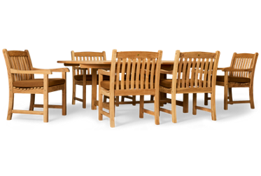 Kalimantan 7 Piece Dining Set With Leaf - Expandable Oval Table - Solid Teak Construction - Six Arm Chairs - Weather Resistant Sunbrella Cushions